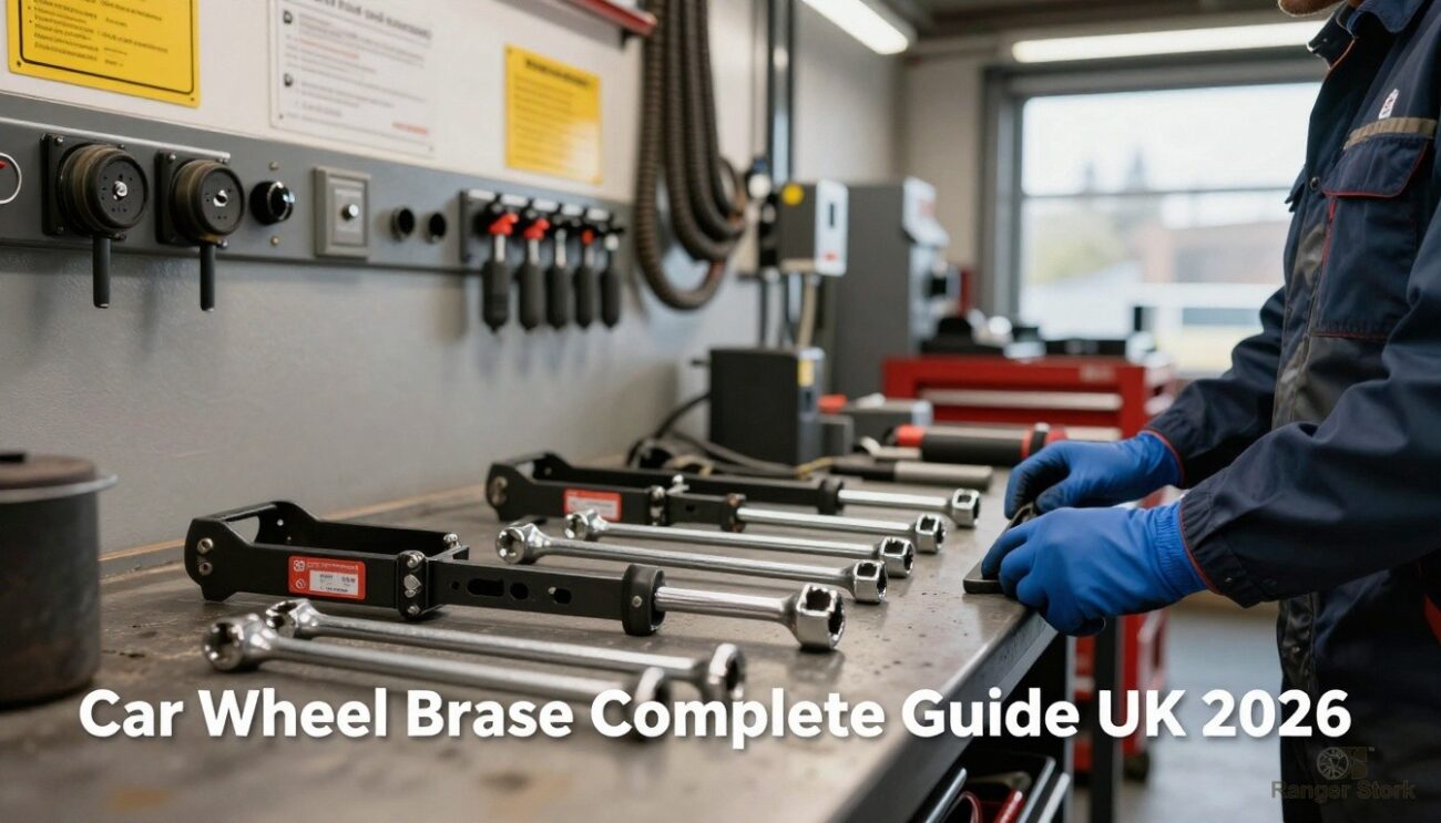 professional wheel braces and lug wrenches laid out on workshop bench with torque specifications visible - UK workshop professional guide