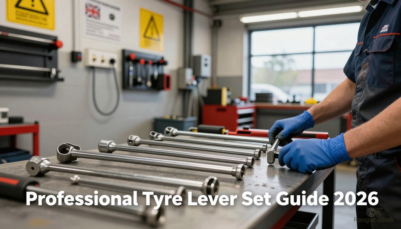professional tyre lever set with multiple sizes of steel levers and spoons for manual tyre changing displayed on workbench - UK workshop professional guide