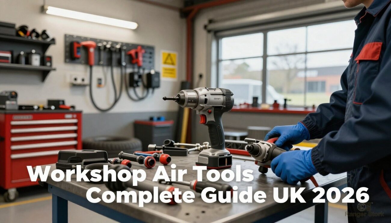 professional pneumatic air tools collection including impact wrench, air ratchet, and die grinder on workshop bench - UK workshop professional guide