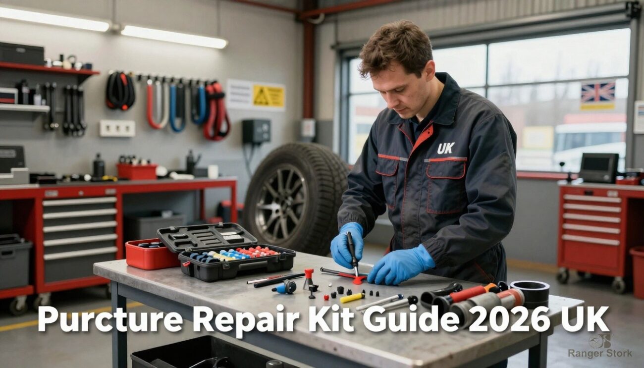 professional tyre puncture repair kit with plugs, cement, and reamer tools displayed on workshop table - UK workshop professional guide