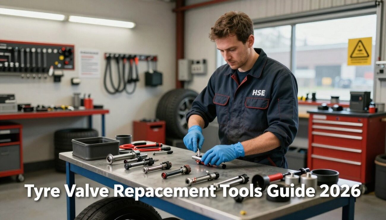 tyre valve replacement tool set arranged professionally on workbench - UK workshop professional guide