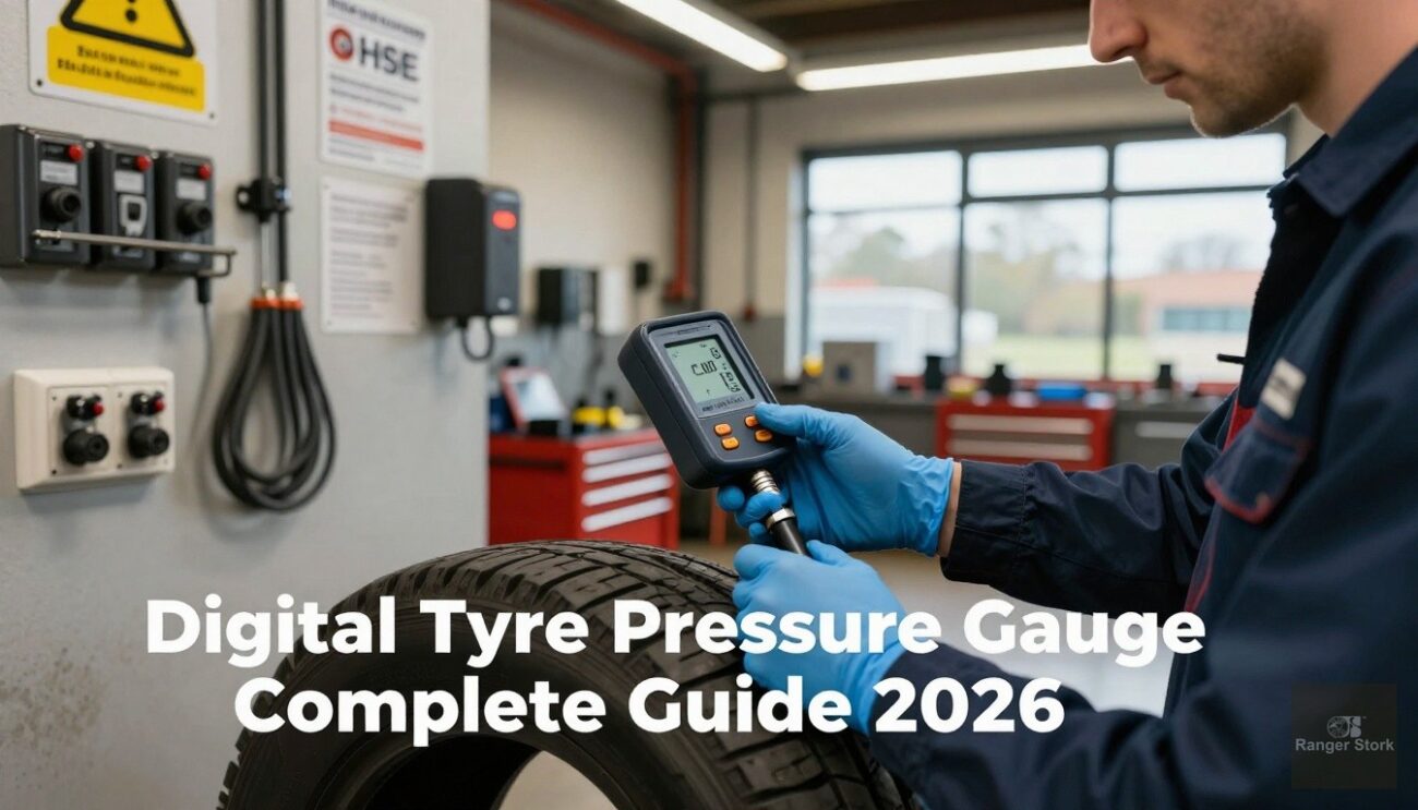 digital tyre pressure gauge checking pressure in professional workshop setting - UK workshop professional guide