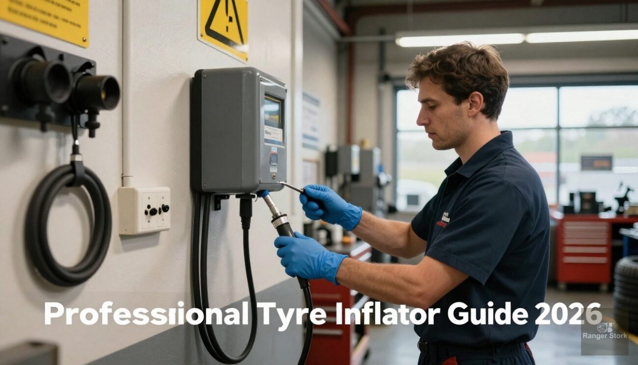 wall-mounted professional tyre inflation station in workshop setting - UK workshop professional guide