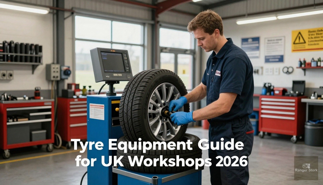UK workshop interior with tyre changing machine and wheel balancer equipment - UK workshop professional guide