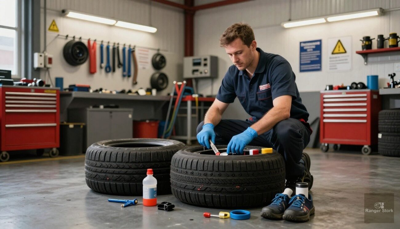 complete professional tyre repair kit laid out showing all components - UK workshop professional guide