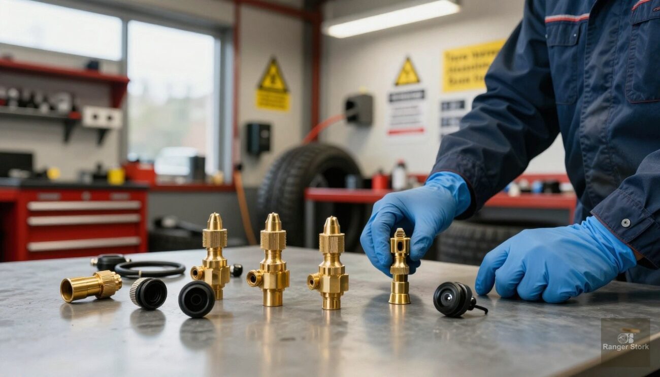 various tyre valve types arranged including TR412 TR413 brass valves and TPMS sensors - UK workshop professional guide
