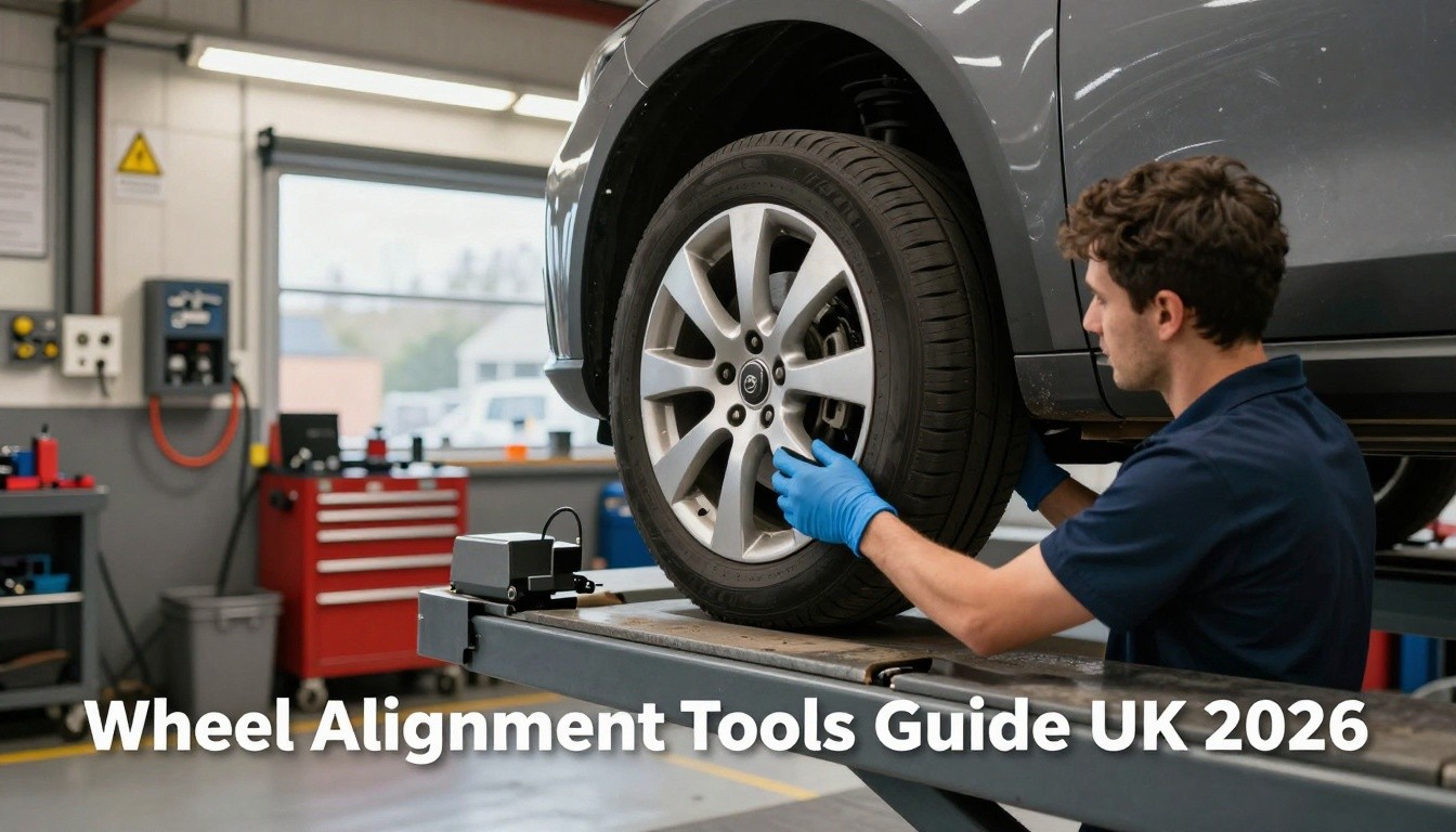 wheel alignment equipment in use with vehicle on professional lift - UK workshop professional guide